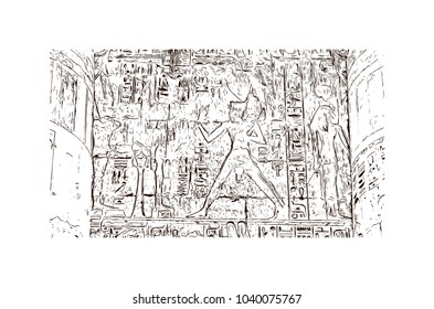 The Mortuary Temple of Ramesses III at Medinet Habu is an important New Kingdom period structure in the West Bank of Luxor in Egypt. Hand drawn sketch illustration in vector.