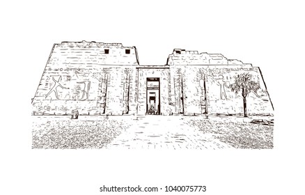 The Mortuary Temple of Ramesses III at Medinet Habu is an important New Kingdom period structure in the West Bank of Luxor in Egypt. Hand drawn sketch illustration in vector.