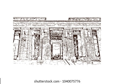 The Mortuary Temple of Ramesses III at Medinet Habu is an important New Kingdom period structure in the West Bank of Luxor in Egypt. Hand drawn sketch illustration in vector.