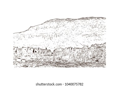 The Mortuary Temple of Ramesses III at Medinet Habu is an important New Kingdom period structure in the West Bank of Luxor in Egypt. Hand drawn sketch illustration in vector.