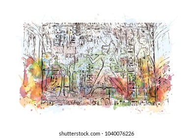 The Mortuary Temple of Ramesses III at Medinet Habu is an important New Kingdom period structure in the West Bank of Luxor in Egypt. Watercolor splash with hand drawn sketch in vector.