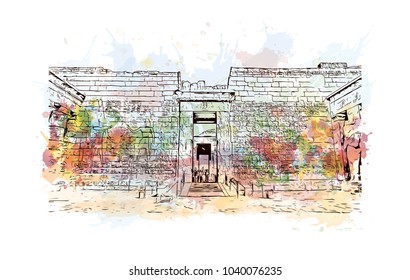 The Mortuary Temple of Ramesses III at Medinet Habu is an important New Kingdom period structure in the West Bank of Luxor in Egypt. Watercolor splash with hand drawn sketch in vector.