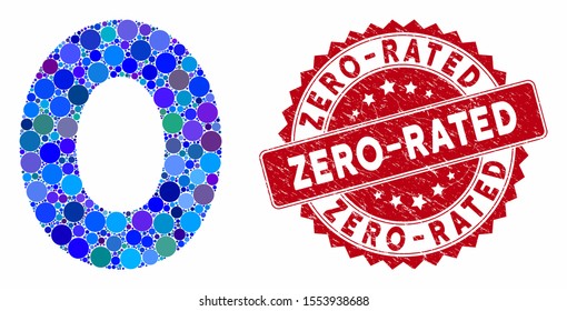 Mosaic 0 digit and corroded stamp watermark with Zero-Rated phrase. Mosaic vector is designed with 0 digit icon and with random spheric elements. Zero-Rated stamp seal uses red color,