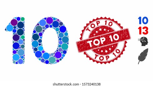 Mosaic 10 digits text icon and distressed stamp seal with Top 10 phrase. Mosaic vector is created with 10 digits text icon and with random round items. Top 10 stamp seal uses red color,