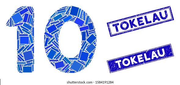 Mosaic 10 digits text pictogram and rectangular Tokelau seal stamps. Flat vector 10 digits text mosaic icon of randomized rotated rectangular items. Blue Tokelau seal stamps with grunged textures.
