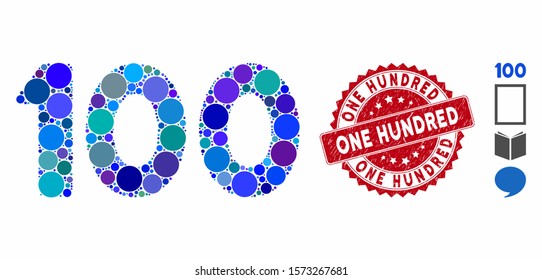 Mosaic 100 digits text icon and corroded stamp seal with One Hundred caption. Mosaic vector is created with 100 digits text icon and with scattered spheric items. One Hundred stamp uses red color,