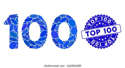 Mosaic 100 digits text icon and grunge stamp seal with Top 100 caption. Mosaic vector is designed with 100 digits text icon and with scattered oval spots. Top 100 seal uses blue color,