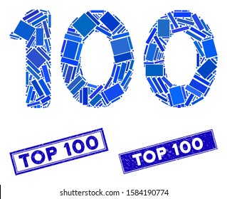 Mosaic 100 digits text pictogram and rectangle Top 100 seal stamps. Flat vector 100 digits text mosaic pictogram of scattered rotated rectangle items. Blue Top 100 rubber seals with grunged textures.