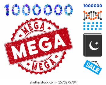 Mosaic 1000000 digits text icon and corroded stamp seal with Mega caption. Mosaic vector is created with 1000000 digits text icon and with random circle items. Mega stamp seal uses red color,