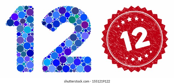 Mosaic 12 digits text and corroded stamp seal with 12 phrase. Mosaic vector is formed with 12 digits text icon and with scattered circle spots. 12 seal uses red color, and grunged design.