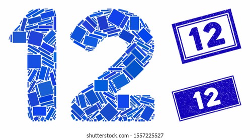 Mosaic 12 digits text pictogram and rectangle seal stamps. Flat vector 12 digits text mosaic icon of random rotated rectangular elements. Blue caption seal stamps with distress textures.