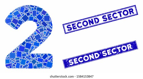 Mosaic 2 digit pictogram and rectangle Second Sector seal stamps. Flat vector 2 digit mosaic pictogram of randomized rotated rectangle elements. Blue Second Sector rubber seals with rubber surface.