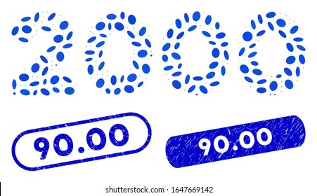 Mosaic 2000 digits text and corroded stamp watermarks with 90.00 caption. Mosaic vector 2000 digits text is formed with scattered oval pieces. 90.00 stamp seals use blue color,