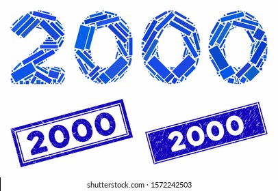 Mosaic 2000 digits text icon and rectangle 2000 stamps. Flat vector 2000 digits text mosaic icon of random rotated rectangle elements. Blue 2000 rubber stamps with dirty texture.