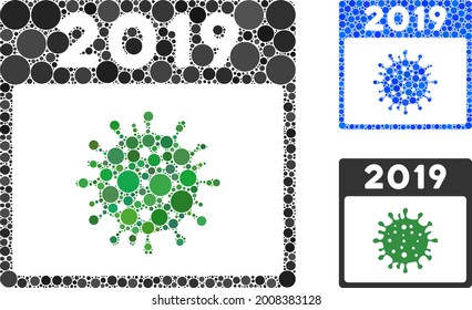 Mosaic 2019 covid calendar day icon composed of round items in random sizes, positions and proportions. Blue and original versions of 2019 covid calendar day icon.