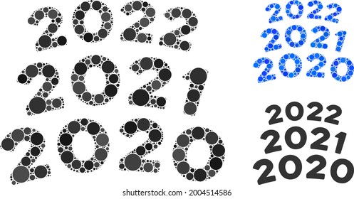 Mosaic 2020 - 2021 arc texts icon constructed from circle elements in various sizes, positions and proportions. Blue and original versions of 2020 - 2021 arc texts icon.
