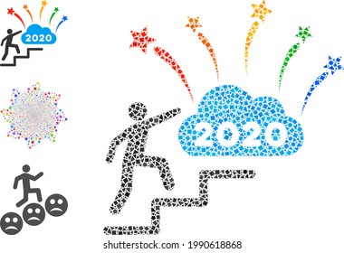 Mosaic 2020 fireworks cloud steps icon designed from rugged pieces in various sizes, positions and proportions. Vector rugged pieces are united into abstract collage 2020 fireworks cloud steps icon.