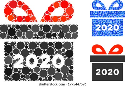 Mosaik 2020 Geschenksymbol bestehend aus Kreiselementen in zufälligen Größen, Positionen und Proportionen. Blaue und originale Versionen des Geschenksymbol 2020.
