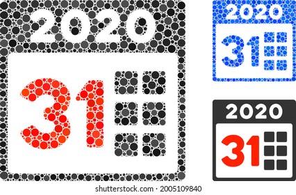 Mosaic 2020 last day icon organized from round items in random sizes, positions and proportions. Blue and original versions of 2020 last day icon.