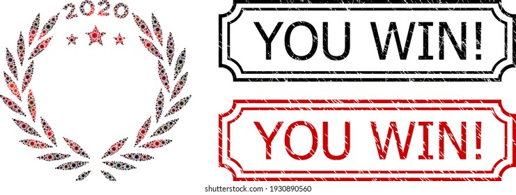Mosaic 2020 laurel wreath united from SARS virus icons, and grunge You Win Exclamation. rectangle badges with notches.