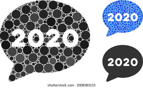 Icono de nube de mensajes Mosaic 2020 compuesto de elementos esféricos en varios tamaños, posiciones y proporciones. Versiones azul y original del icono de nube de mensajes 2020.