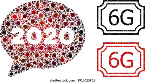 Mosaic 2020 message cloud united from covid-2019 icons, and grunge 6G rectangle badges with notches.