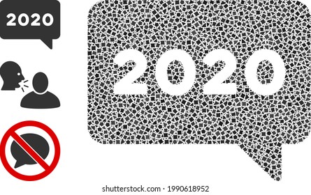 Mosaic 2020 Nachrichtensymbol, das aus ungleichen Flecken in verschiedenen Größen, Positionen und Proportionen entworfen wurde. Vektorungleichheiten werden in ein abstraktes Nachrichtensymbol für die Komposition 2020 eingeordnet.