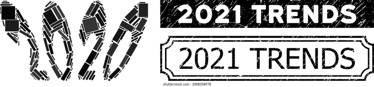 Mosaic 2020 perspective text composed of rectangle elements, and black grunge 2021 Trends rectangle stamp with notches.