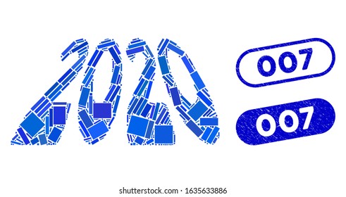 Mosaic 2020 perspective text and corroded stamp watermarks with 007 text. Mosaic vector 2020 perspective text is composed with randomized rectangles. 007 stamp seals use blue color,