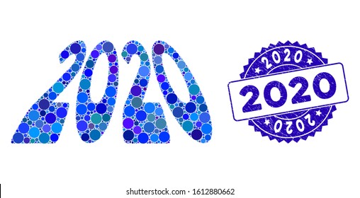 Mosaic 2020 perspective text icon and distressed stamp watermark with 2020 caption. Mosaic vector is created with 2020 perspective text icon and with randomized round items.