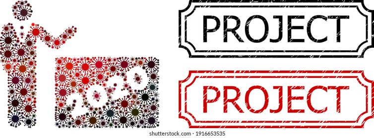 Mosaic 2020 showing man composed of flu virus icons, and grunge Project rectangle seal stamps with notches.
