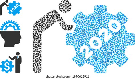 Mosaic 2020 worker rolling gear icon united from irregular spots in various sizes, positions and proportions. Vector puzzle spots are composed into abstract illustration 2020 worker rolling gear icon.