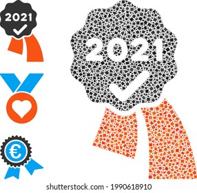 Mosaic 2021 approve award icon composed of ragged elements in random sizes, positions and proportions. Vector joggly elements are composed into abstract collage 2021 approve award icon.
