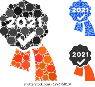 Mosaic 2021 approve award icon united from circle elements in random sizes, positions and proportions. Blue and original versions of 2021 approve award icon.