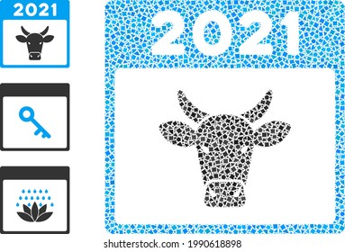 Mosaic 2021 bull calendar icon organized from joggly pieces in different sizes, positions and proportions. Vector ragged pieces are grouped into abstract mosaic 2021 bull calendar icon.