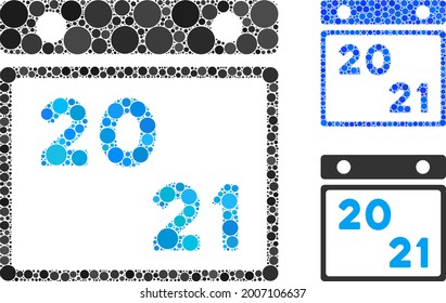 Mosaic 2021 calendar icon composed of circle items in random sizes, positions and proportions. Blue and original versions of 2021 calendar icon.