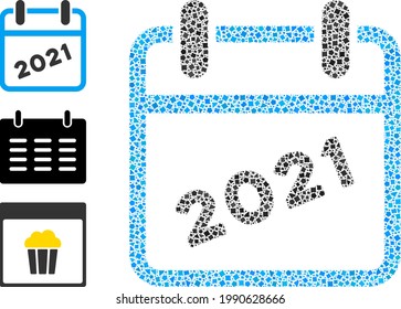 Mosaic 2021 calendar icon united from abrupt spots in variable sizes, positions and proportions. Vector tremulant spots are grouped into abstract mosaic 2021 calendar icon.