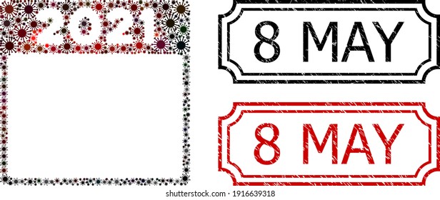 Hoja del calendario Mosaic 2021 diseñada a partir de iconos covid-2019, y placas rectangulares grunge el 8 de mayo con muescas.