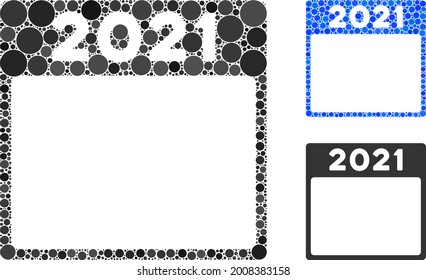 Mosaic 2021 calendar leaf icon composed of round items in random sizes, positions and proportions. Blue and original versions of 2021 calendar leaf icon.