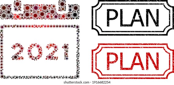 Mosaic 2021 calendar organized from flu virus elements, and grunge Plan rectangle seals with notches.