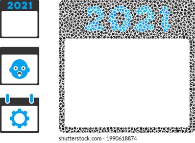 Mosaic 2021 calendar page icon united from ragged items in random sizes, positions and proportions. Vector rough items are organized into abstract mosaic 2021 calendar page icon.