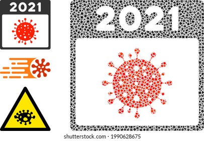 Mosaic 2021 covid calendar page icon constructed from trembly items in random sizes, positions and proportions. Vector tremulant parts are arranged into abstract mosaic 2021 covid calendar page icon.