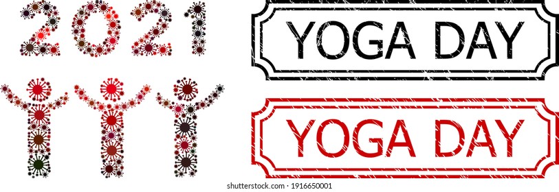 Mosaic 2021 dancing people composed of coronavirus elements, and grunge Yoga Day rectangle stamps with notches.