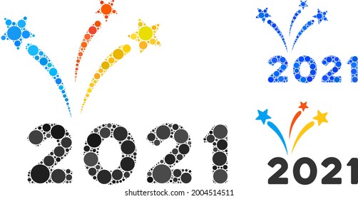 Mosaic 2021 fireworks icon designed from spheric elements in variable sizes, positions and proportions. Blue and original versions of 2021 fireworks icon.