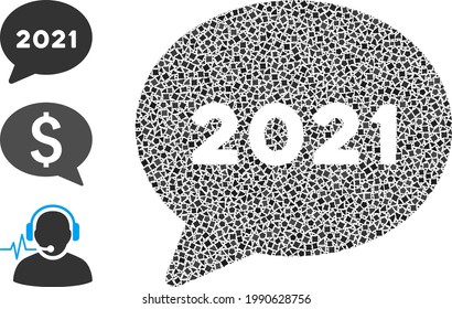 Mosaic 2021 forum message icon composed of tremulant parts in different sizes, positions and proportions. Vector humpy parts are composed into abstract collage 2021 forum message icon.