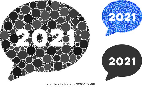 Mosaic 2021 forum message icon composed of circle items in different sizes, positions and proportions. Blue and original versions of 2021 forum message icon.