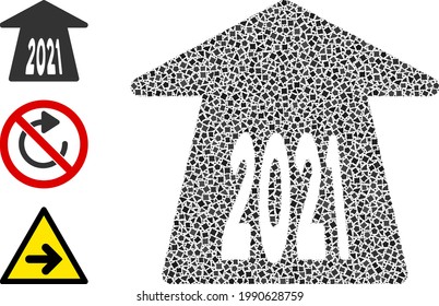 Mosaic 2021 Pfeil nach vorn Symbol, konstruiert aus holprigen Flecken in verschiedenen Größen, Positionen und Proportionen. Die Vektorschwerpunkte sind in abstraktes Mosaik 2021 nach vorn geordnetes Pfeilsymbol gruppiert.