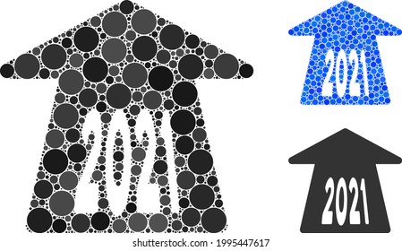 Mosaic 2021 forward arrow icon composed of spheric elements in random sizes, positions and proportions. Blue and original versions of 2021 forward arrow icon.