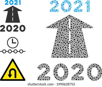 Mosaic 2021 future road icon organized from abrupt parts in variable sizes, positions and proportions. Vector tuberous items are organized into abstract mosaic 2021 future road icon.
