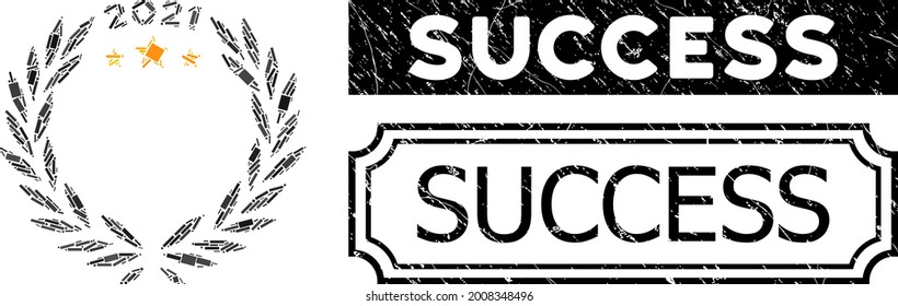 Mosaic 2021 laurel wreath designed from rectangular parts, and black grunge Success rectangle seal stamp with notches.